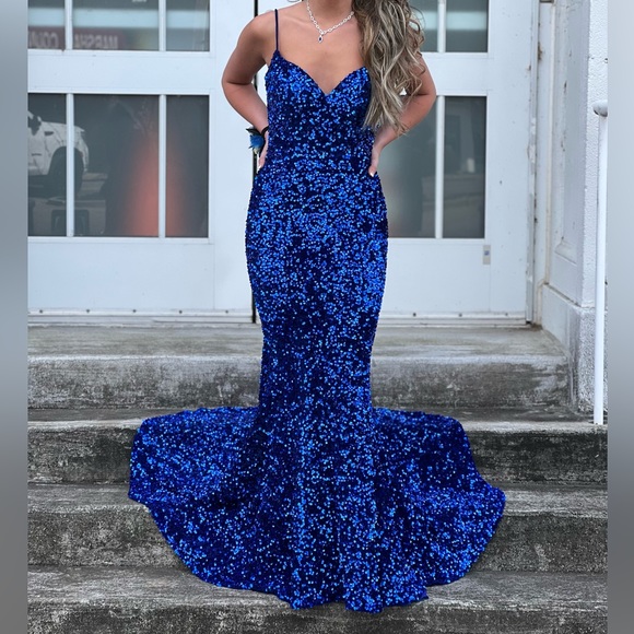 Portia and Scarlett Royal Blue Sequin Prom Dress - Picture 2 of 4